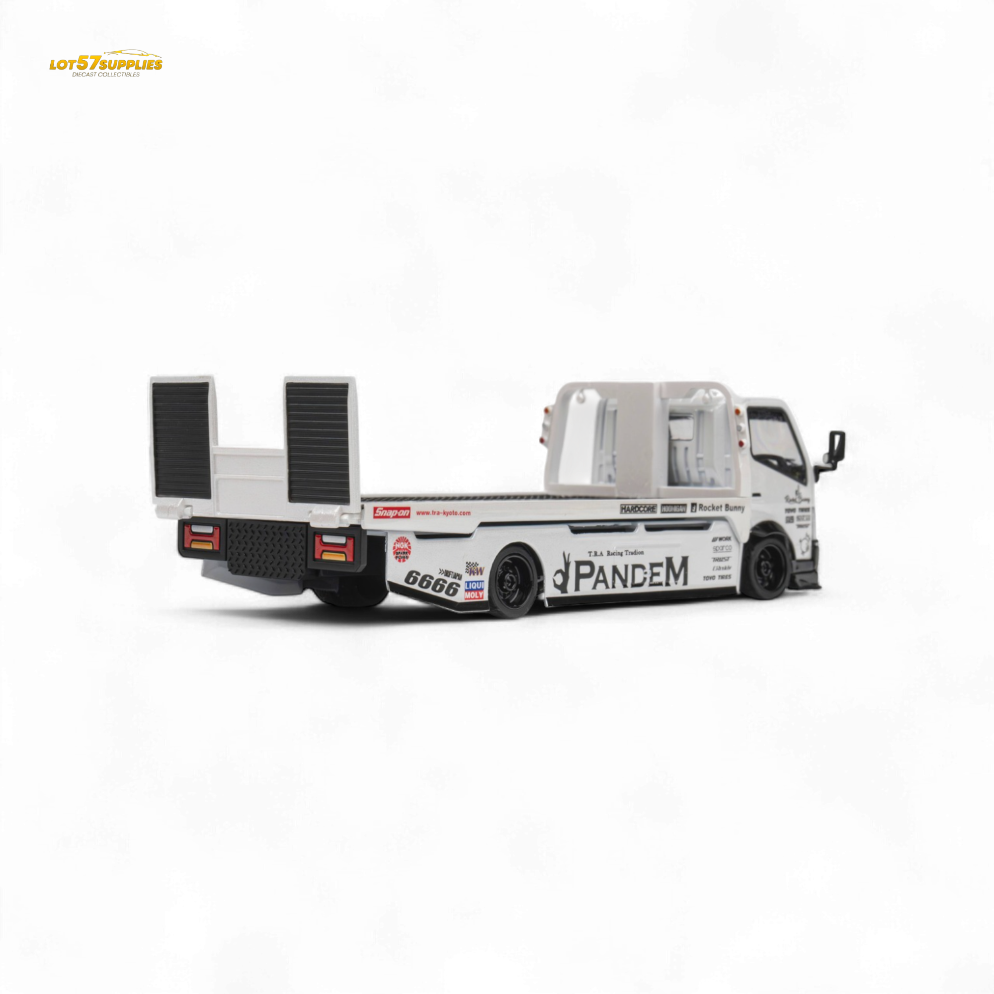 MicroTurbo HINO 300 Flat Bed Transport Truck in Pandem Rocket Bunny White 1:64