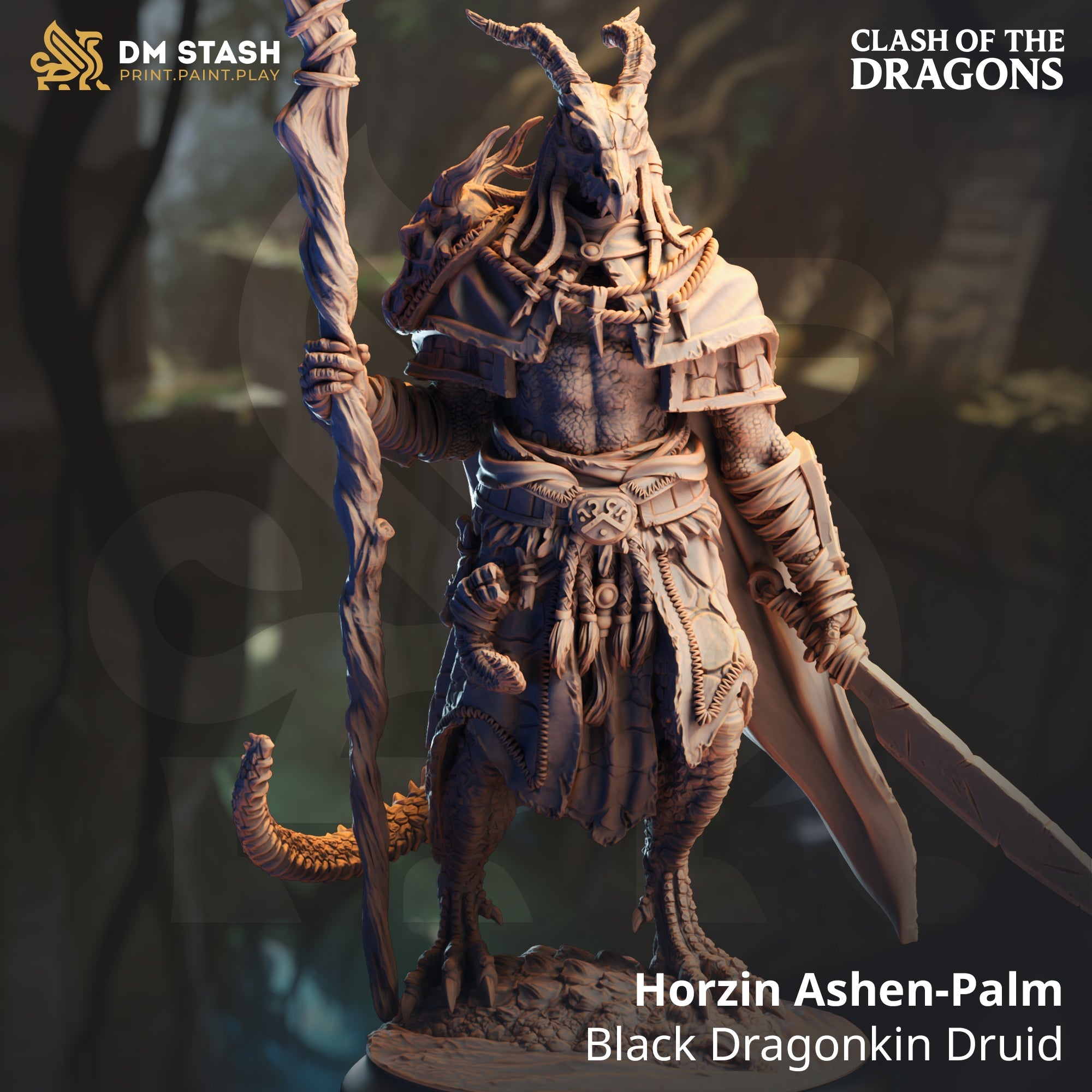 Horzin Ashen-Palm, Black Dragonkin Druid (Male Dragonborn Druid)