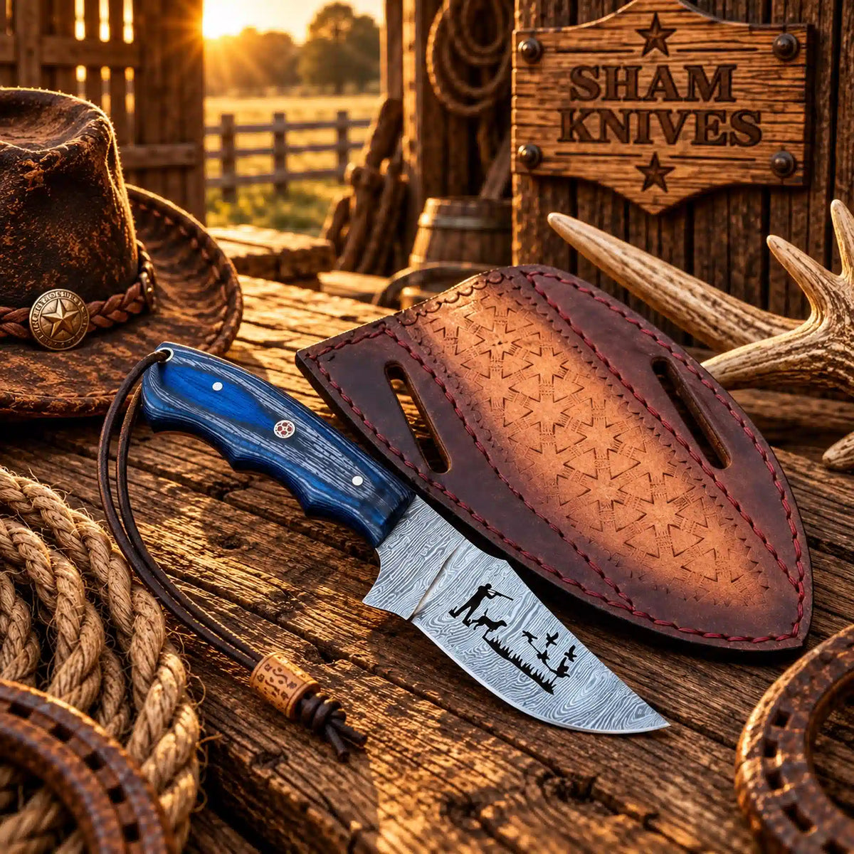 Hunter & Dog Damascus Cowboy Knife – Blue Pakkawood & Leather Sheath