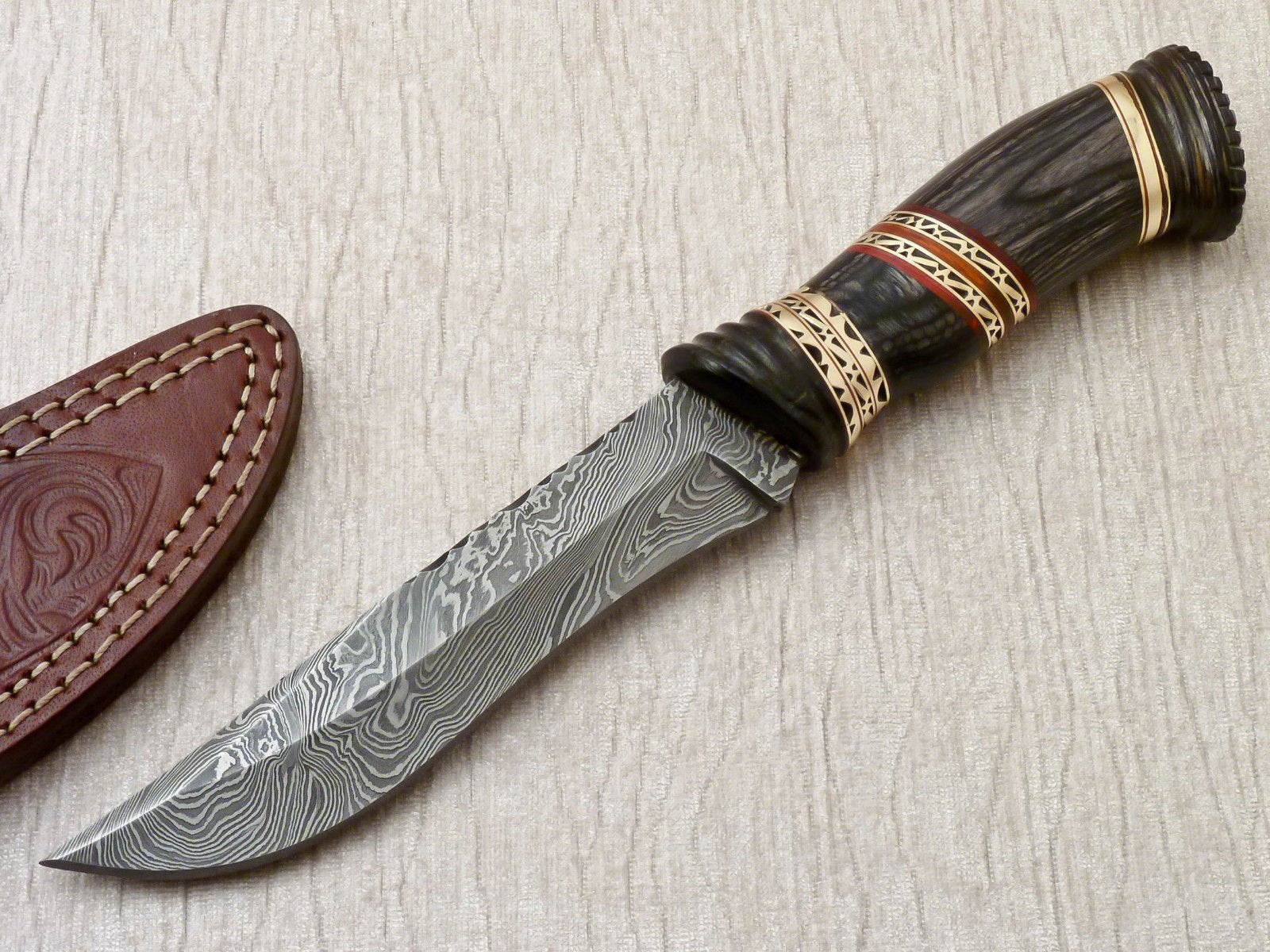 Custom Handmade Damascus Hunting Knife with Leather Sheath