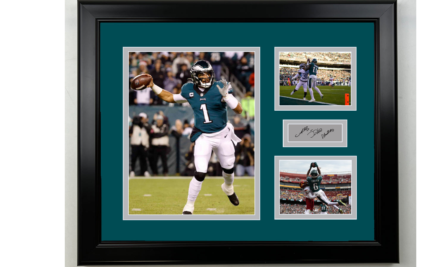 Framed Philadelphia Eagles Jalen Hurts, AJ Brown, DeVonta Smith Facsimile Laser Engraved Signature Football 14x11 3 Photo Collage