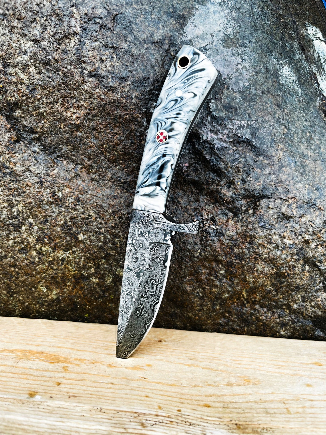 Custom Handmade Raindrop Damascus Steel Hunting Knife