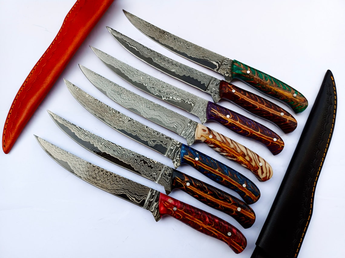 Custom Handmade Damascus Steel Fillet Knife with Epoxy Resin Pine Cone Handle - 13 Inch Length with Leather Sheath