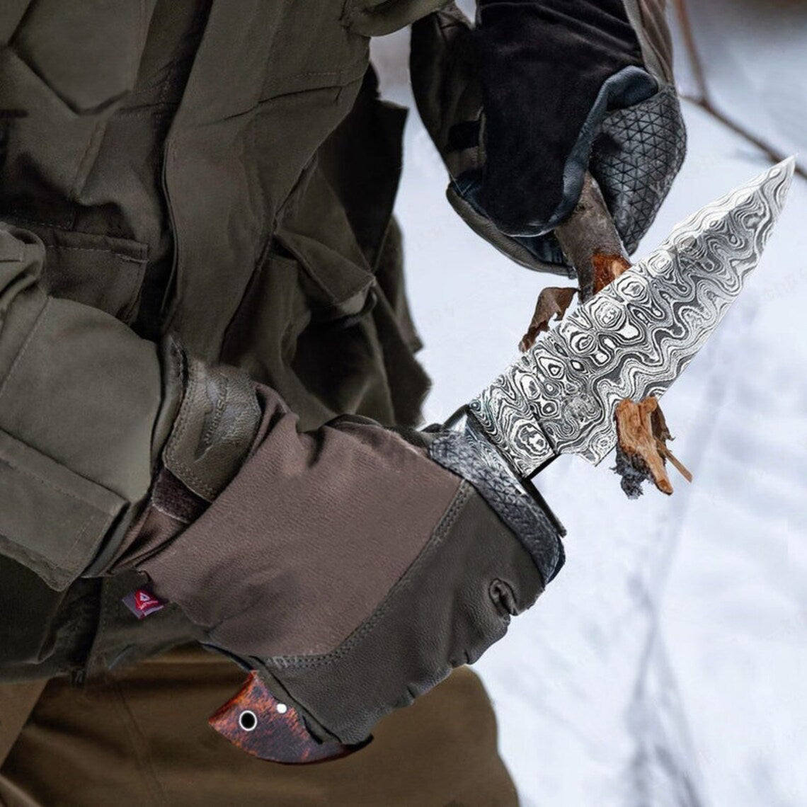 "Custom Handmade Damascus Steel Hunting Camping Knife | Rosewood-Damascus Guard Handle | 9.5 Inches | Leather Sheath | KBS Knives Store"