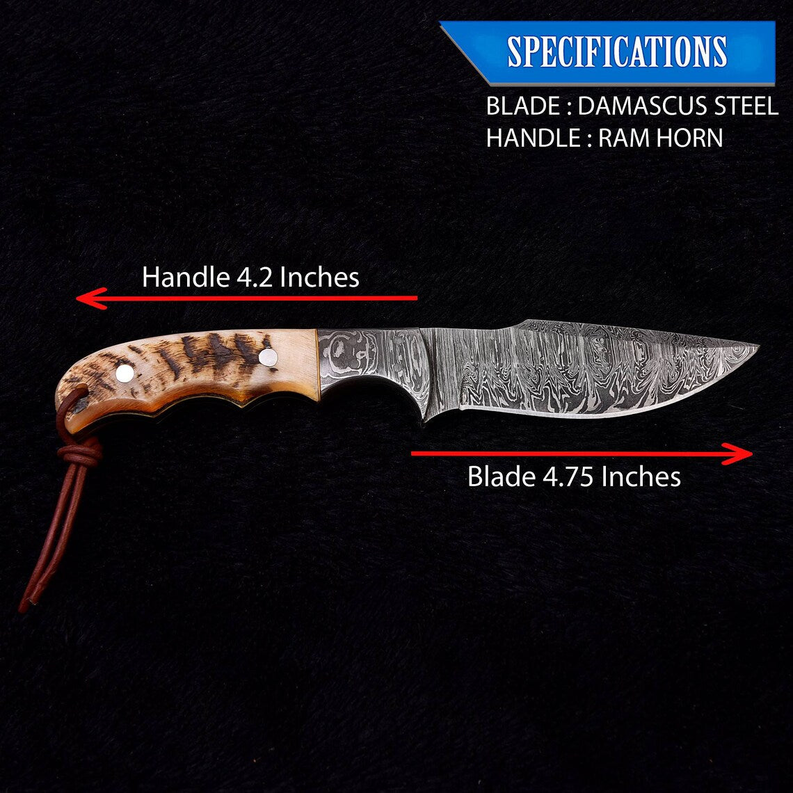 Custom Handmade Damascus Skinning Knife with Sheep Horn Handle, 9-inch
