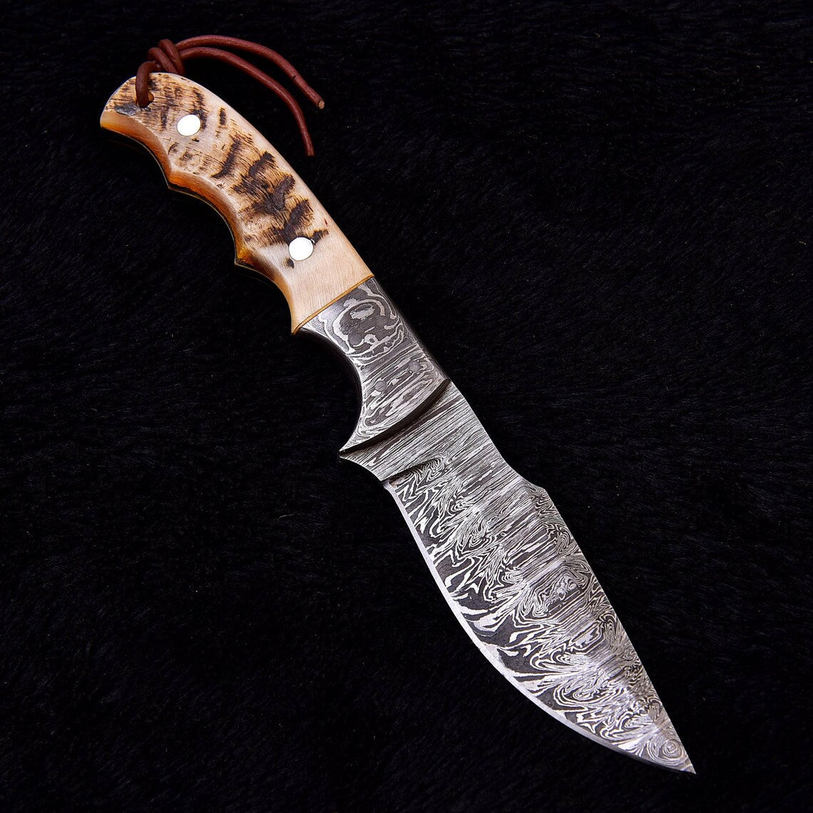 Custom Handmade Damascus Skinning Knife with Sheep Horn Handle, 9-inch