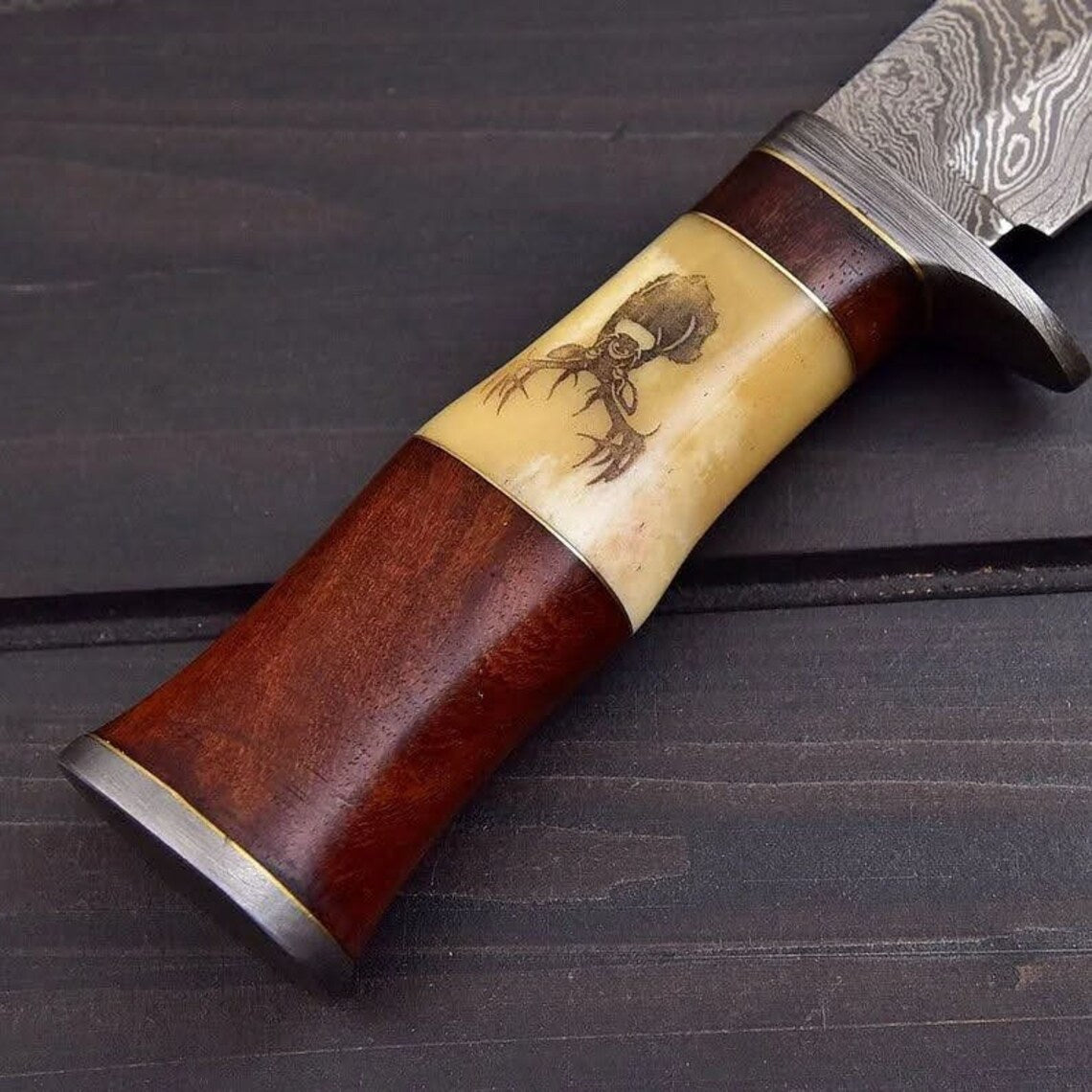 "Exquisite Custom Handmade Damascus Hunting Knife | Engraved Bone-Rose Wood Handle | 10 Inches | Leather Sheath | KBS Knives Store"
