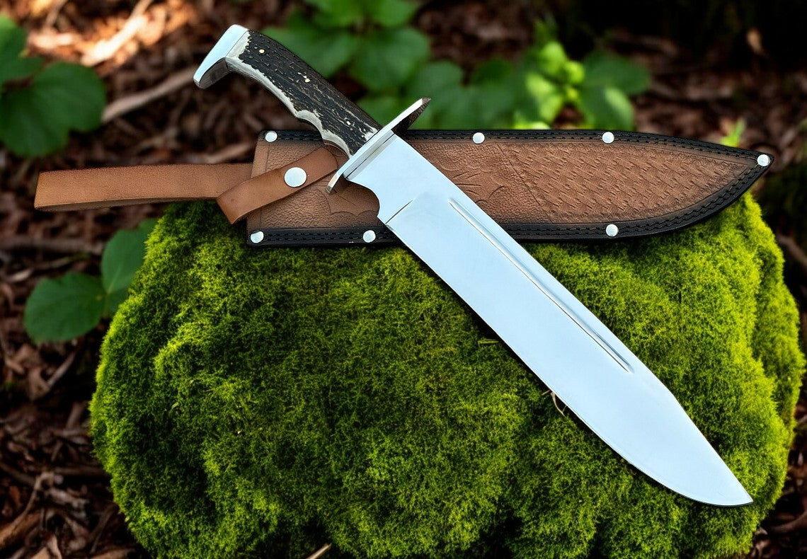 Highlander Stag Handle Bowie – 18" Custom Handmade D2 Steel Blade with Stag Horn Handle