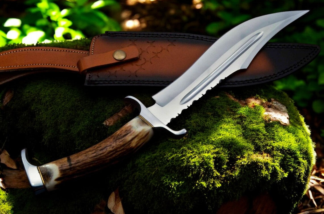 Bowie Knife With Antler Handles – 14" D2 Steel Blade With Blood Groove & Antler Handle