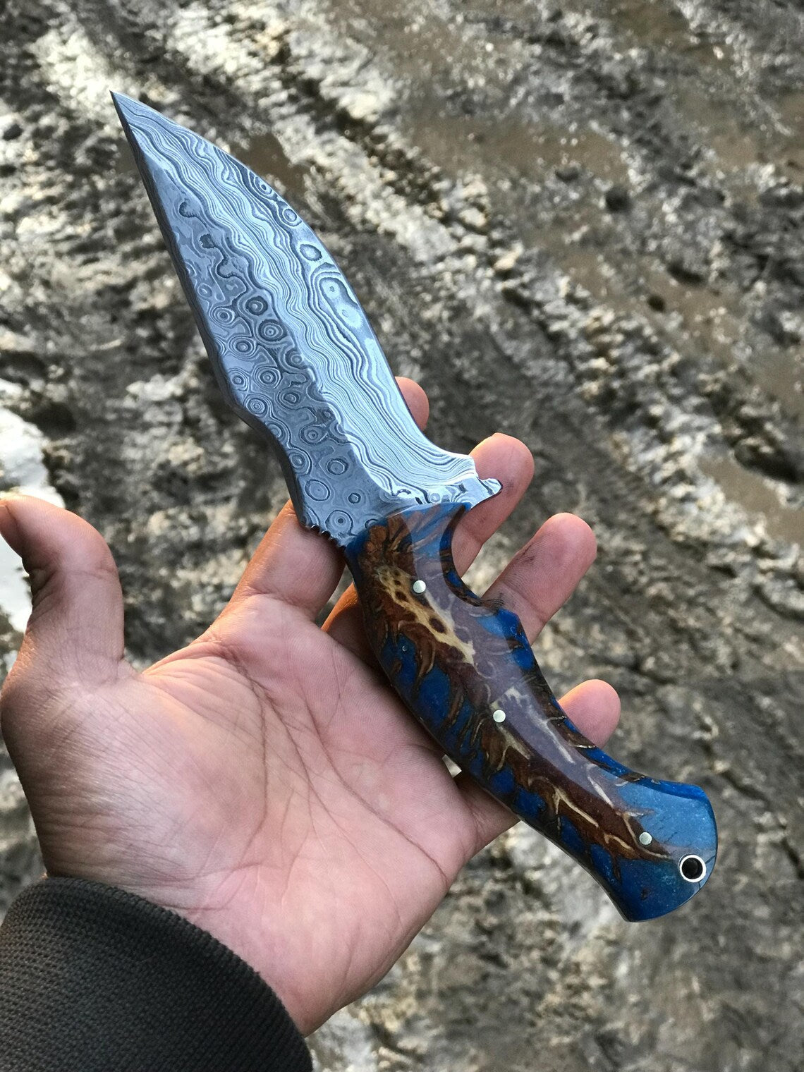 Custom Handmade Damascus Steel Hunting Knife with Raindrop Blade – 10" | KBS Knives