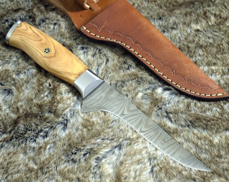 Handmade Damascus Steel Fillet-Boning Knife with Olive Wood and Steel Bolster Handle - 11 Inch Overall Length