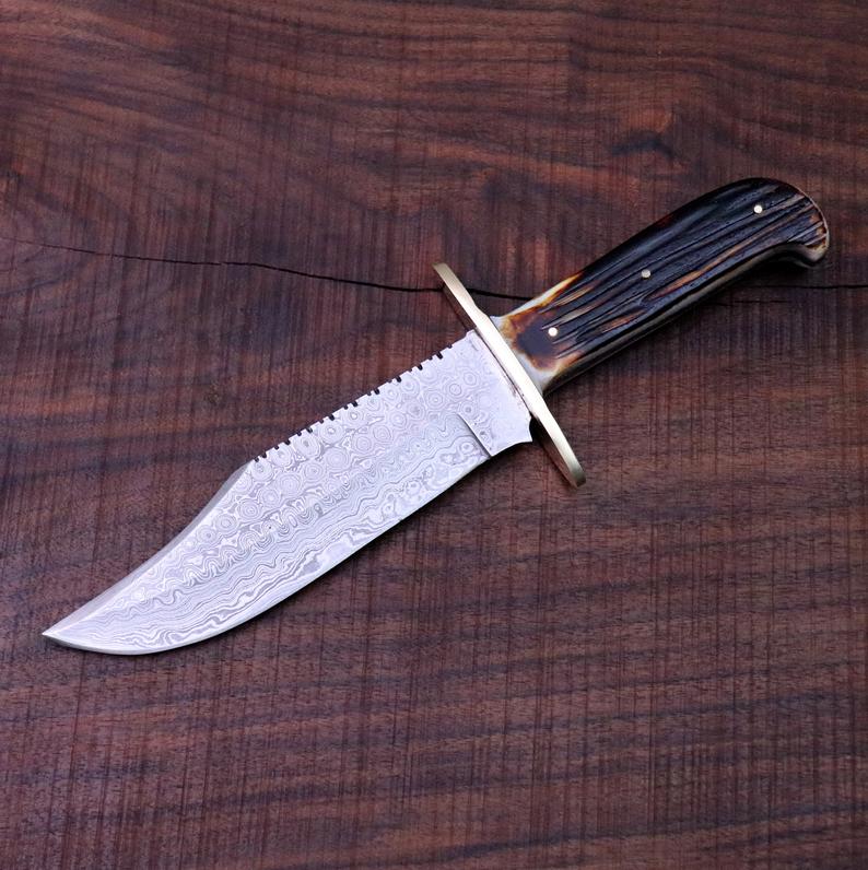 Western Bowie Knife – Handmade 15-Inch Damascus Steel with Bone Handle