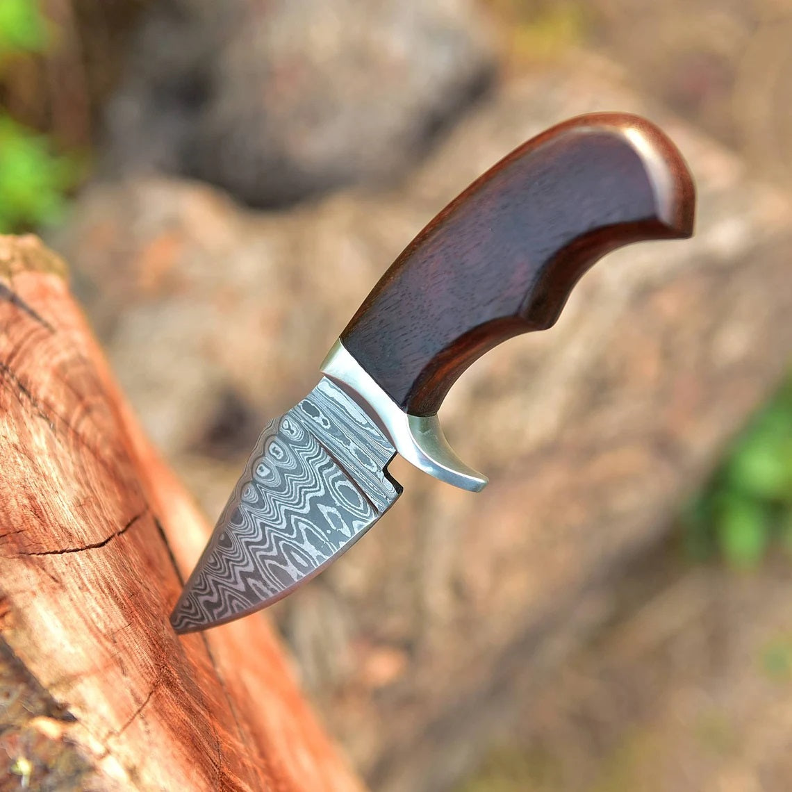 "Custom Handmade Damascus Steel EDC Skinning Knife | Rosewood Handle | 7 Inches | Leather Sheath | KBS Knives Store"