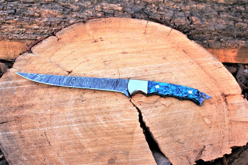 Handmade Damascus Steel Fillet Knife with Epoxy Resin and Steel Bolster Handle - 13" Overall Length