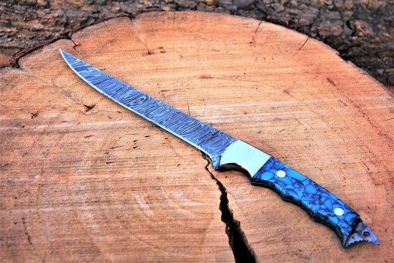 Handmade Damascus Steel Fillet Knife with Epoxy Resin and Steel Bolster Handle - 13" Overall Length