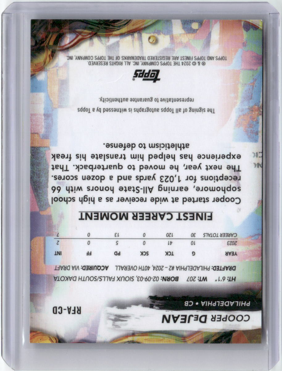 2024 Topps Finest Cooper DeJean #RFA-CD Auto Rookie RC Football Card