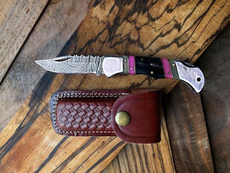 Best Folding Pocket Knife with Buffalo Horn and Color Wood Spacers Handle, 3 Inches Blade Length and Leather Case - For Sale by KBS Knives Store.