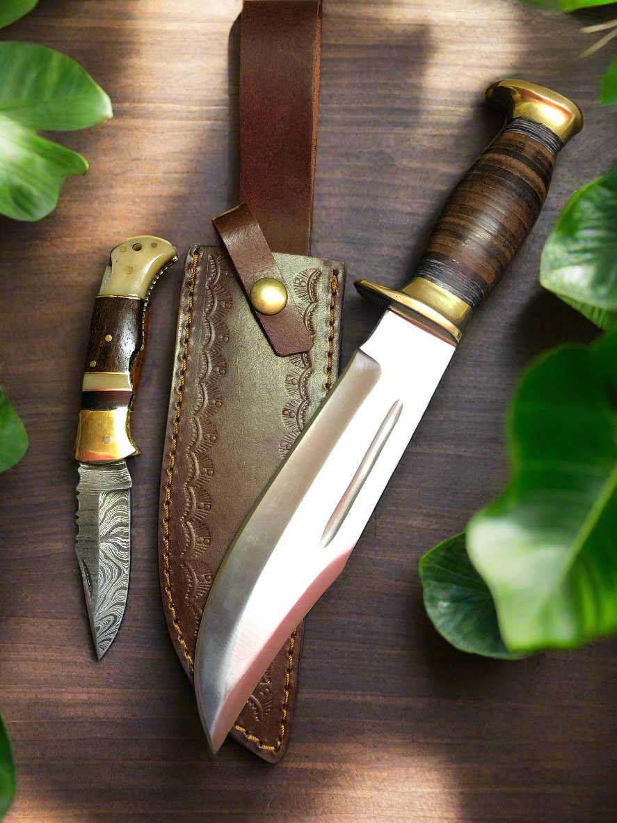 Outback Dual Edge Set – 16" D2 Forged Steel Bowie Knife & Damascus Folding Pocket Knife with Leather Sheath