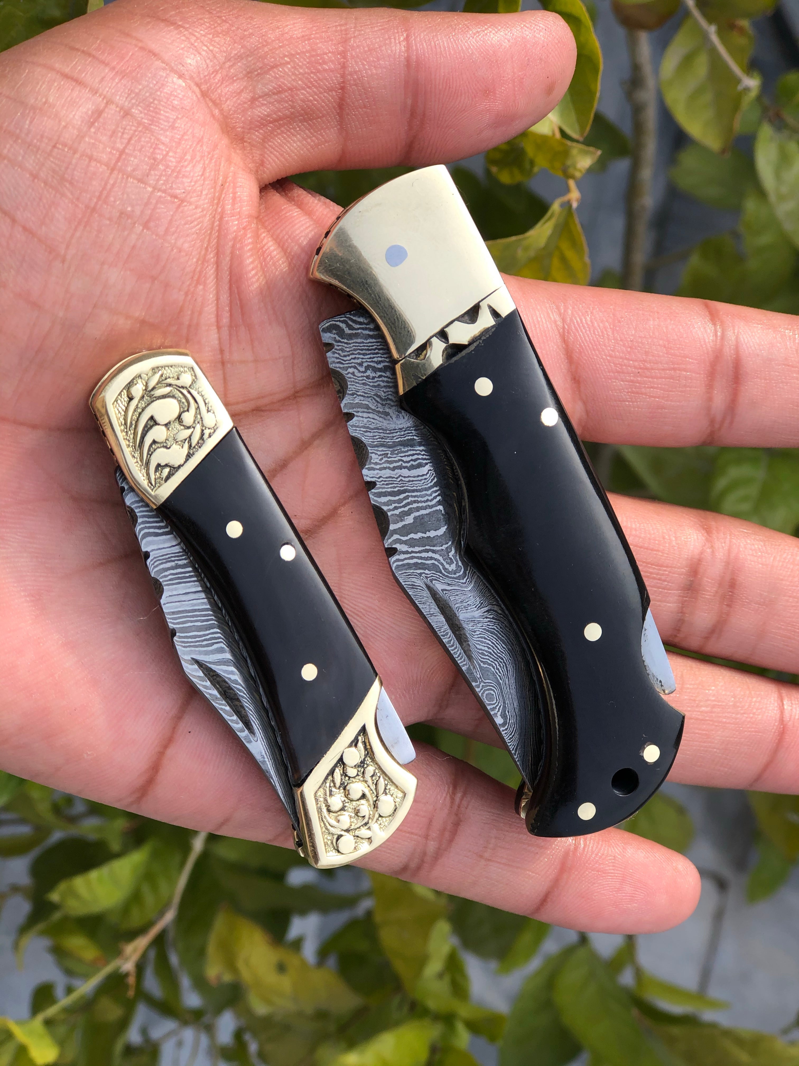 Pair of Custom Handmade Damascus Steel EDC Folding Pocket Knives with Leather Case by KBS Knives Store.