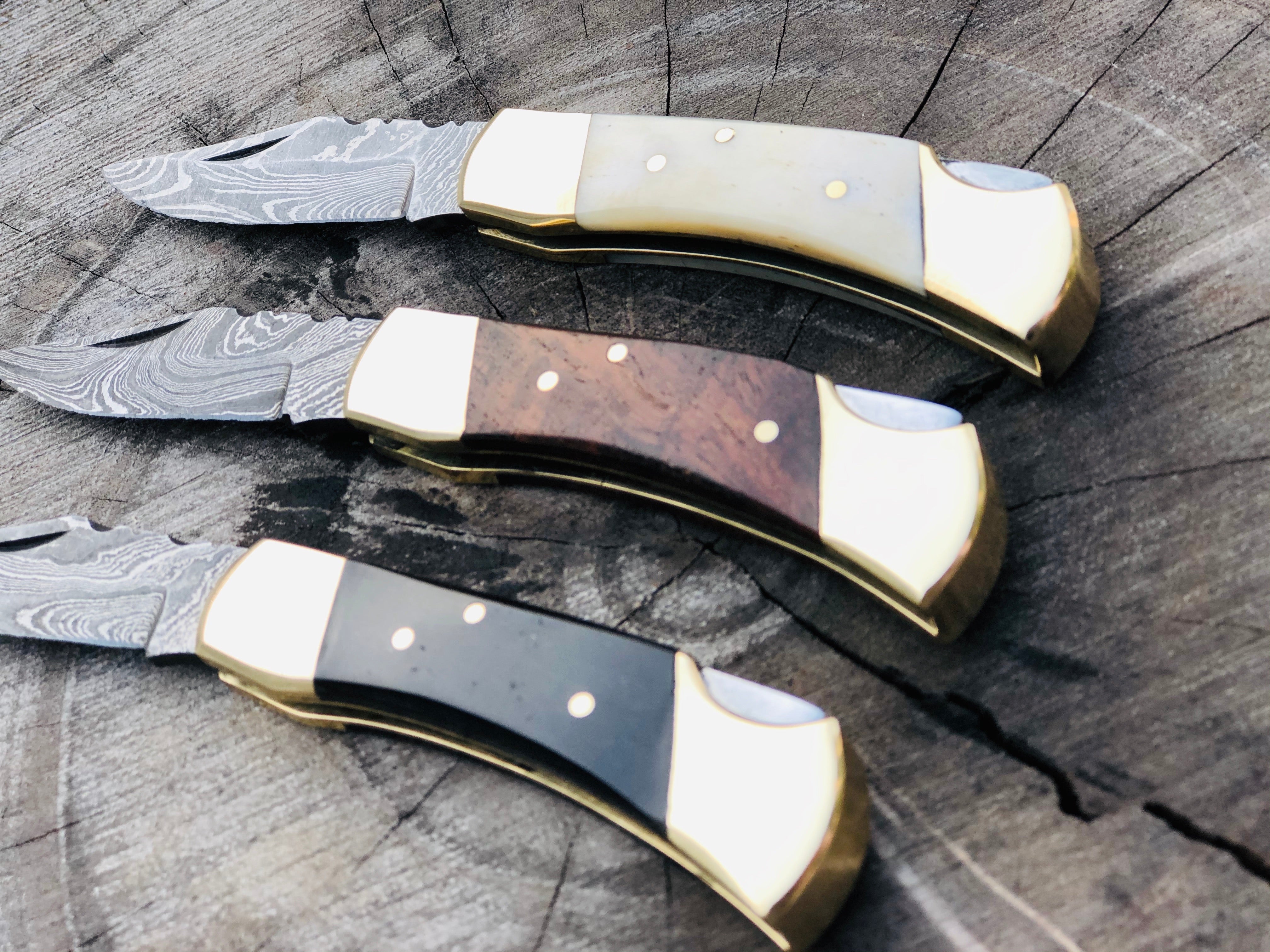 Deal Of 3 Premium Damascus Steel Folding Pocket Knife Set - Exquisite Utility Knives with Buffalo Horn,Bone and Rosewood Handles