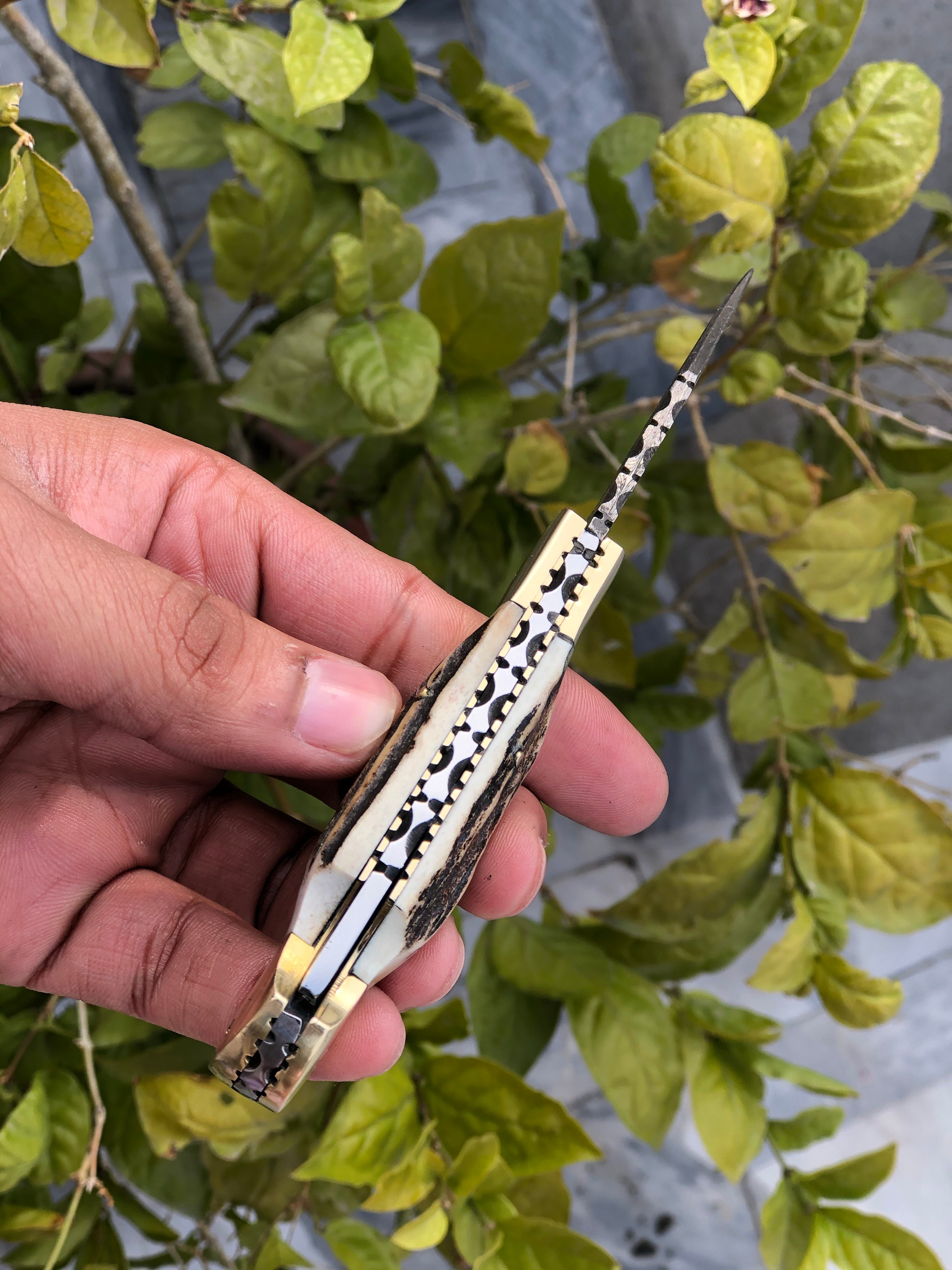 Custom Handmade Damascus Steel Folding Pocket Knife with Antler Horn and Brass Bolsters Handle and Leather Case - For Sale by KBS Knives Store