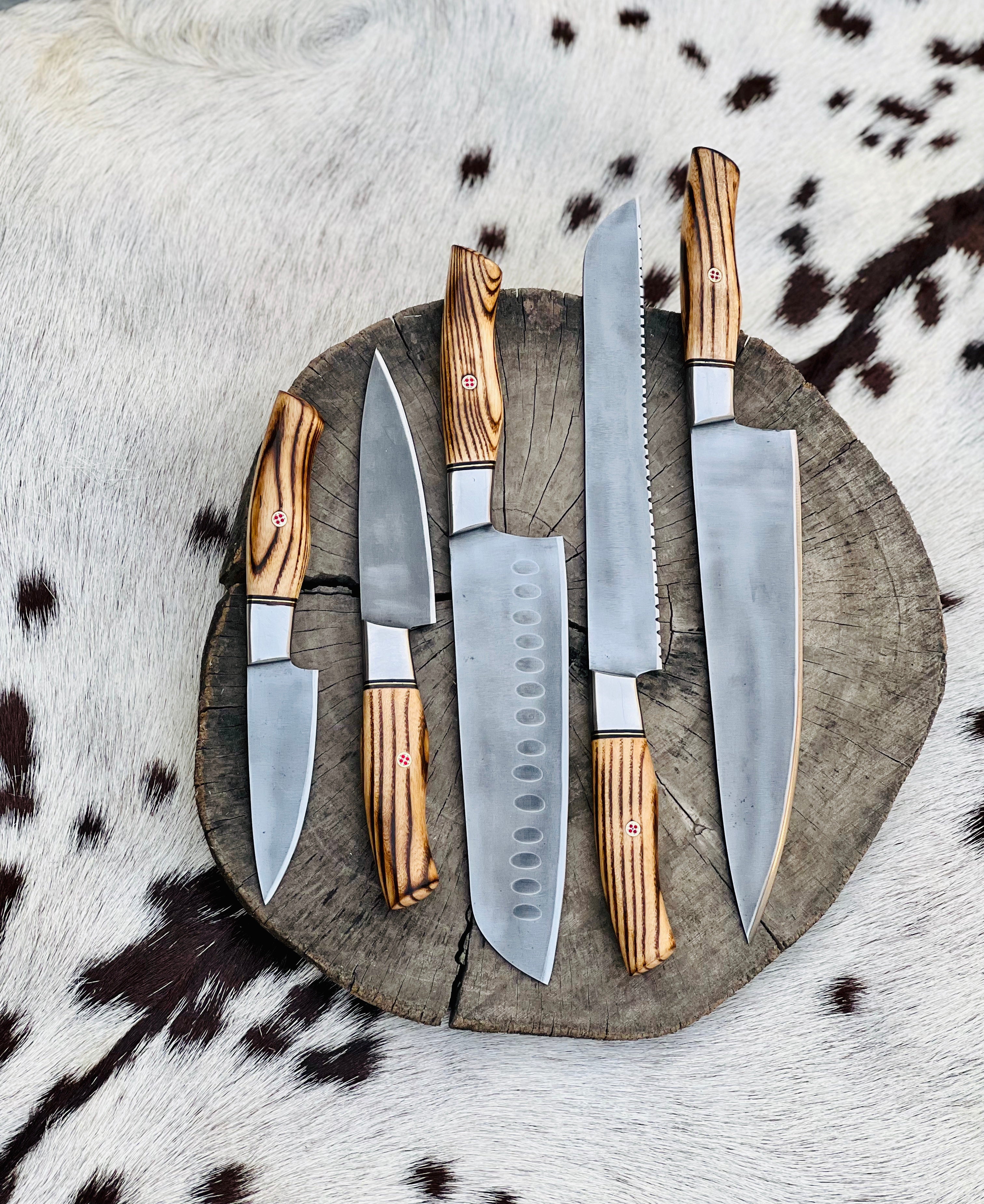 5 Piece Custom Handmade Acid Washed Stainless Steel Kitchen Knives Set with Leather Roll and Burly Wenge Wood Handles" by KBS Knives Store