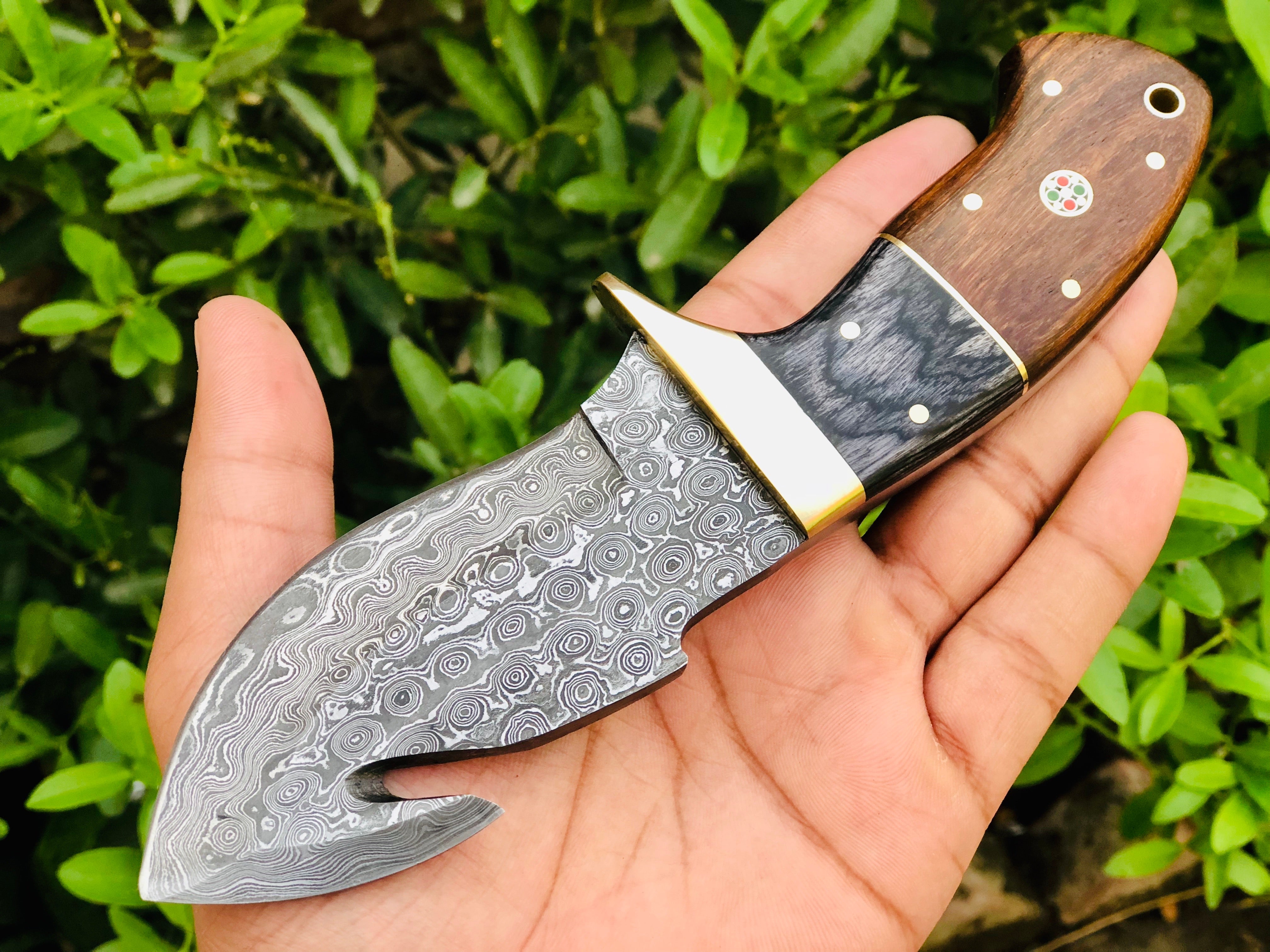 Raindrop Damascus Guthook Skinning knife