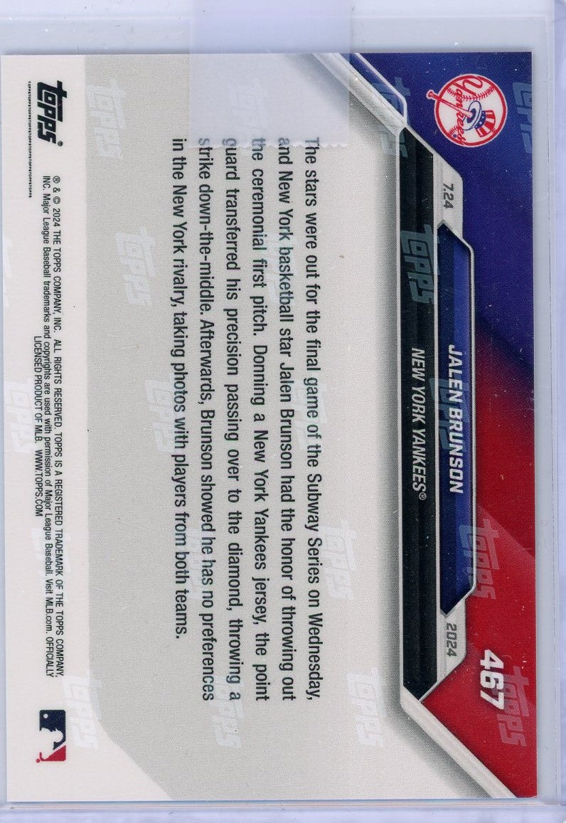 2024 Topps Now Jalen Brunson #467 Orange #/5 Yankees First Pitch Baseball Card