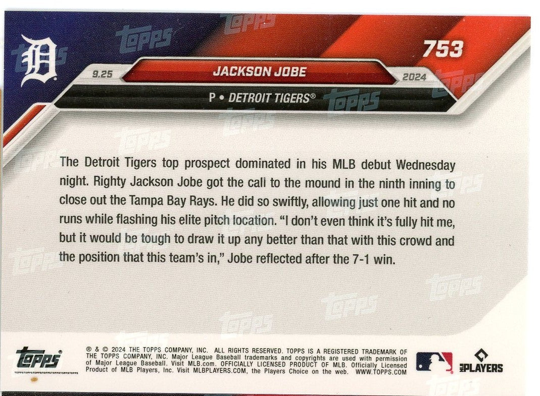 2024 Topps Now Jackson Jobe #753 Blue #/49 Detroit Tigers Rookie RC Baseball Card
