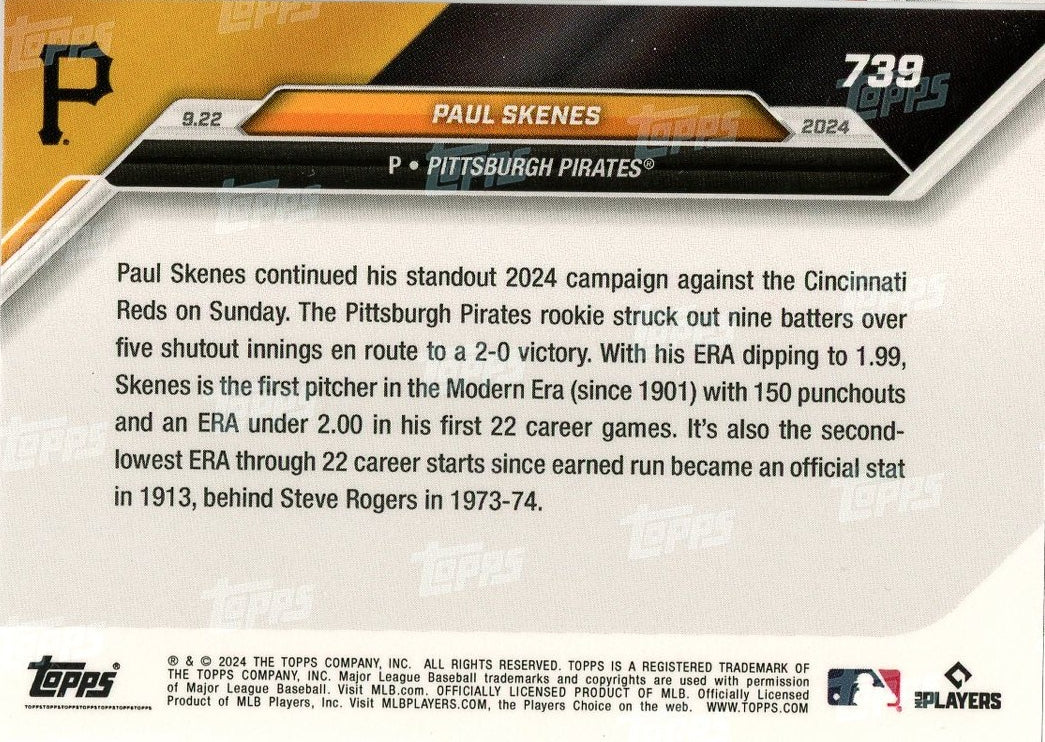 2024 Topps Now Paul Skenes #739 Blue #/49 Pittsburgh Pirates Rookie RC Baseball Card