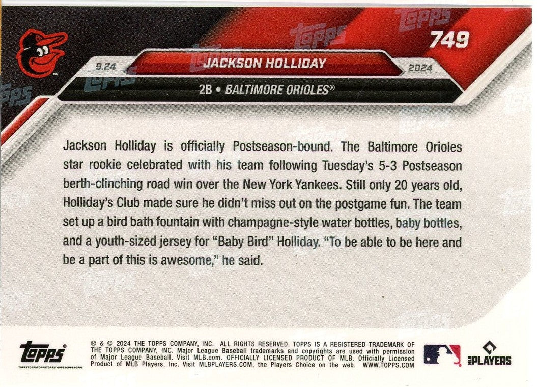 2024 Topps Now Jackson Holliday #749 Purple #/25 Baltimore Orioles Rookie RC Baseball Card