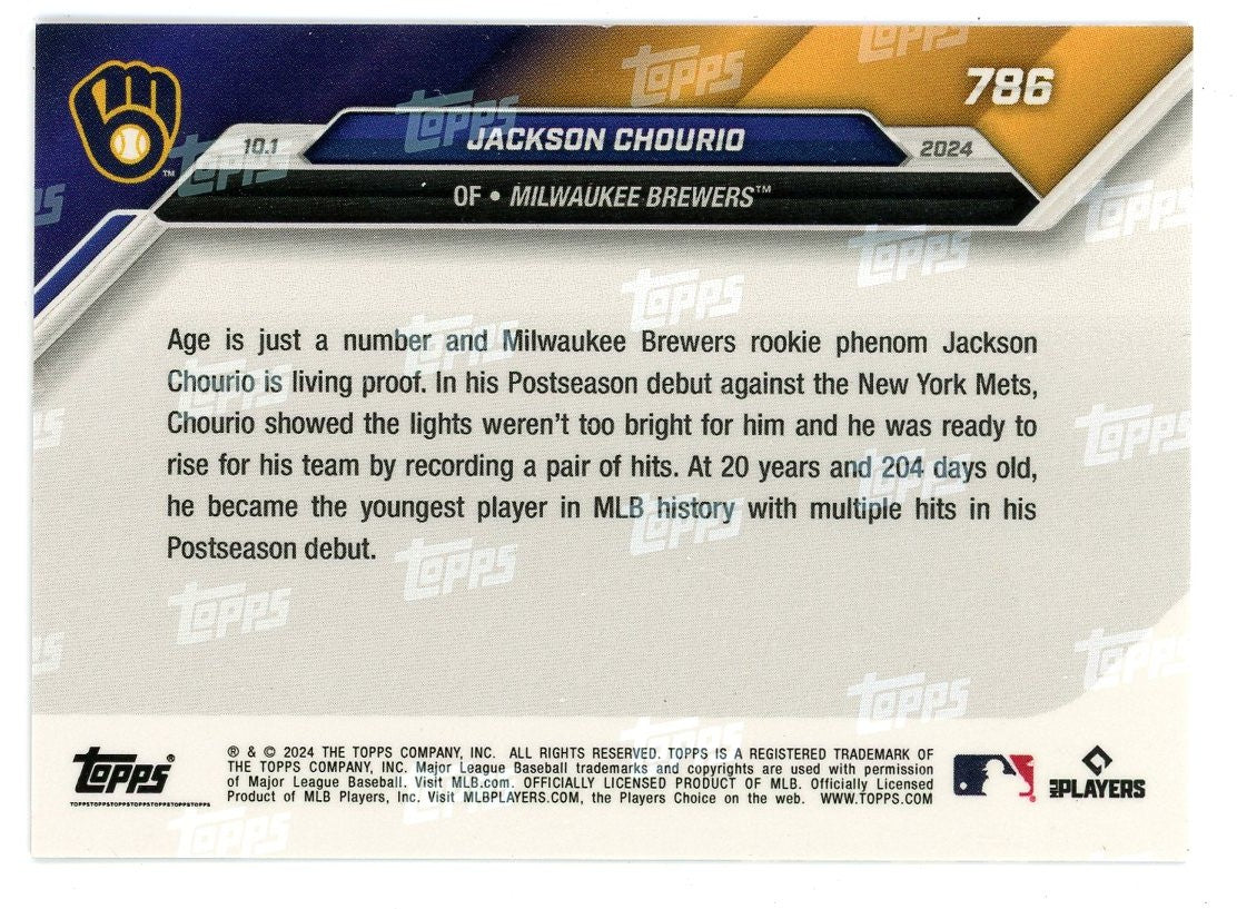 2024 Topps Now Jackson Chourio #786 Purple #/25 Milwaukee Brewers Rookie RC Baseball Card