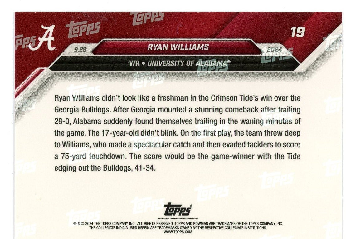 2024 Topps Bowman U Now Ryan Williams #19 Blue #/49 Alabama Crimson Tide Rookie RC Football Card