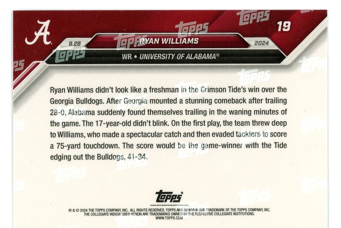 2024 Topps Bowman U Now Ryan Williams #19 Red #/10 Alabama Crimson Tide Rookie RC Football Card