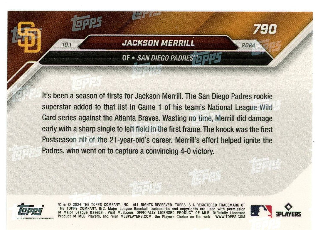 2024 Topps Now Jackson Merrill #790 Blue #/49 San Diego Padres Rookie RC Baseball Card