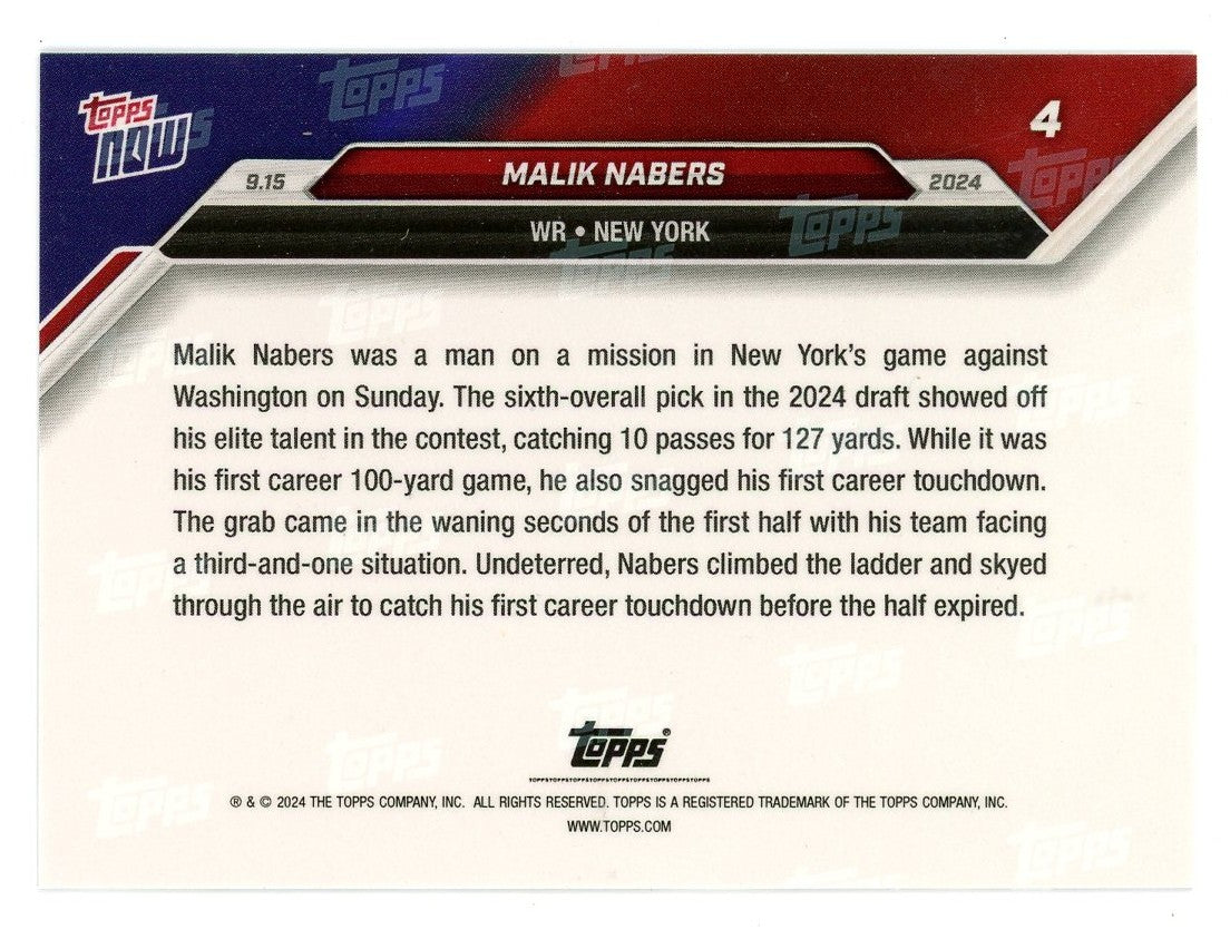 2024 Topps Now Malik Nabers #4 Purple #/25 New York Giants Rookie RC Football Card