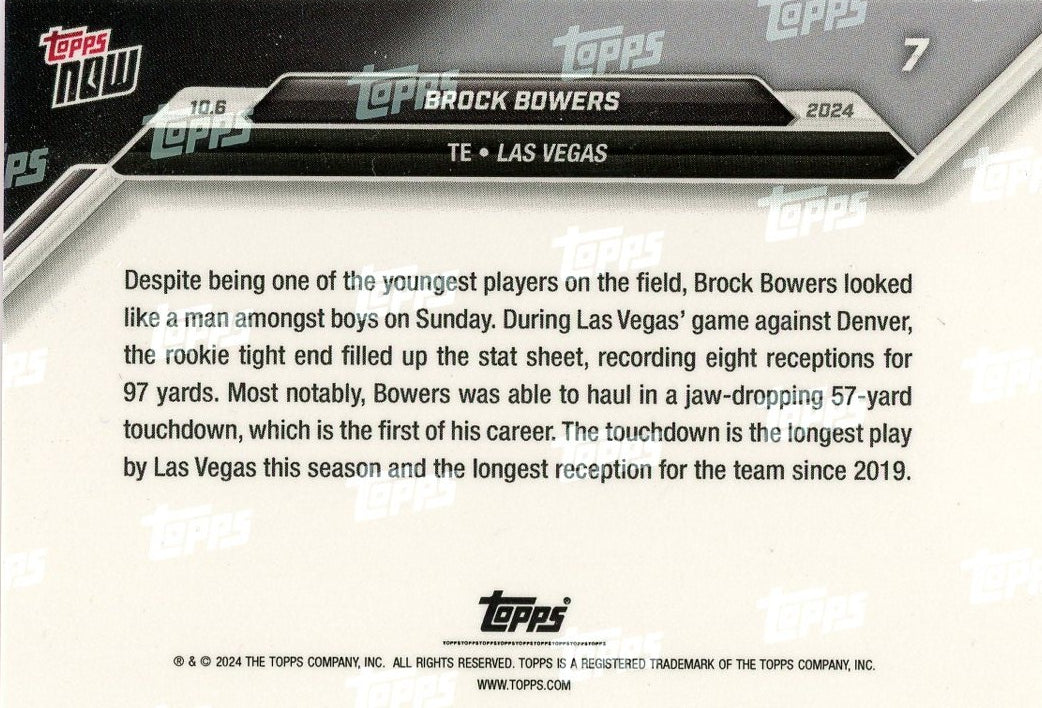 2024 Topps Now Brock Bowers #7 Purple #/25 Las Vegas Raiders Rookie RC Football Card