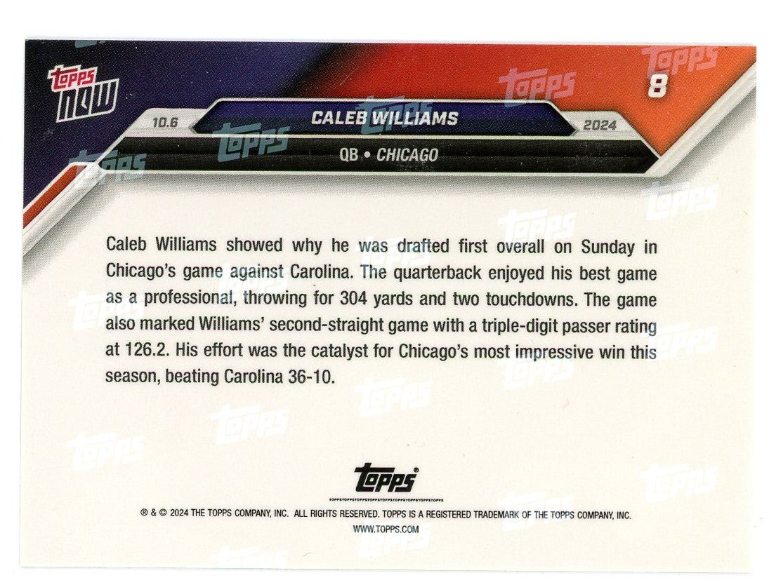 2024 Topps Now Caleb Williams #8 Red #/10 Chicago Bears Rookie RC Football Card