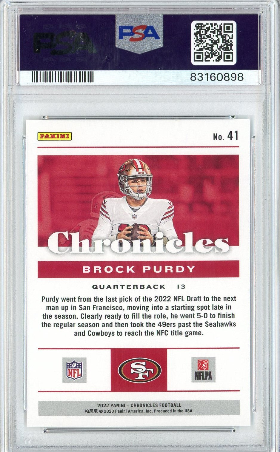 Graded 2022 Panini Chronicles Brock Purdy #41 Rookie RC Football Card
