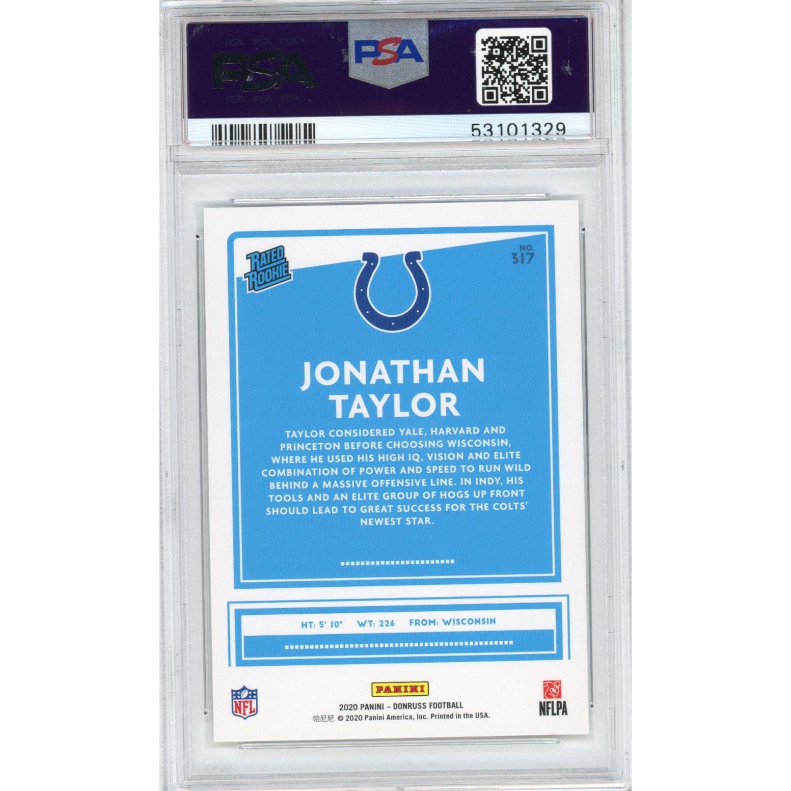 Graded 2020 Panini Donruss Jonathan Taylor #317 Rated Rookie RC Football Card PSA 10 Gem Mint