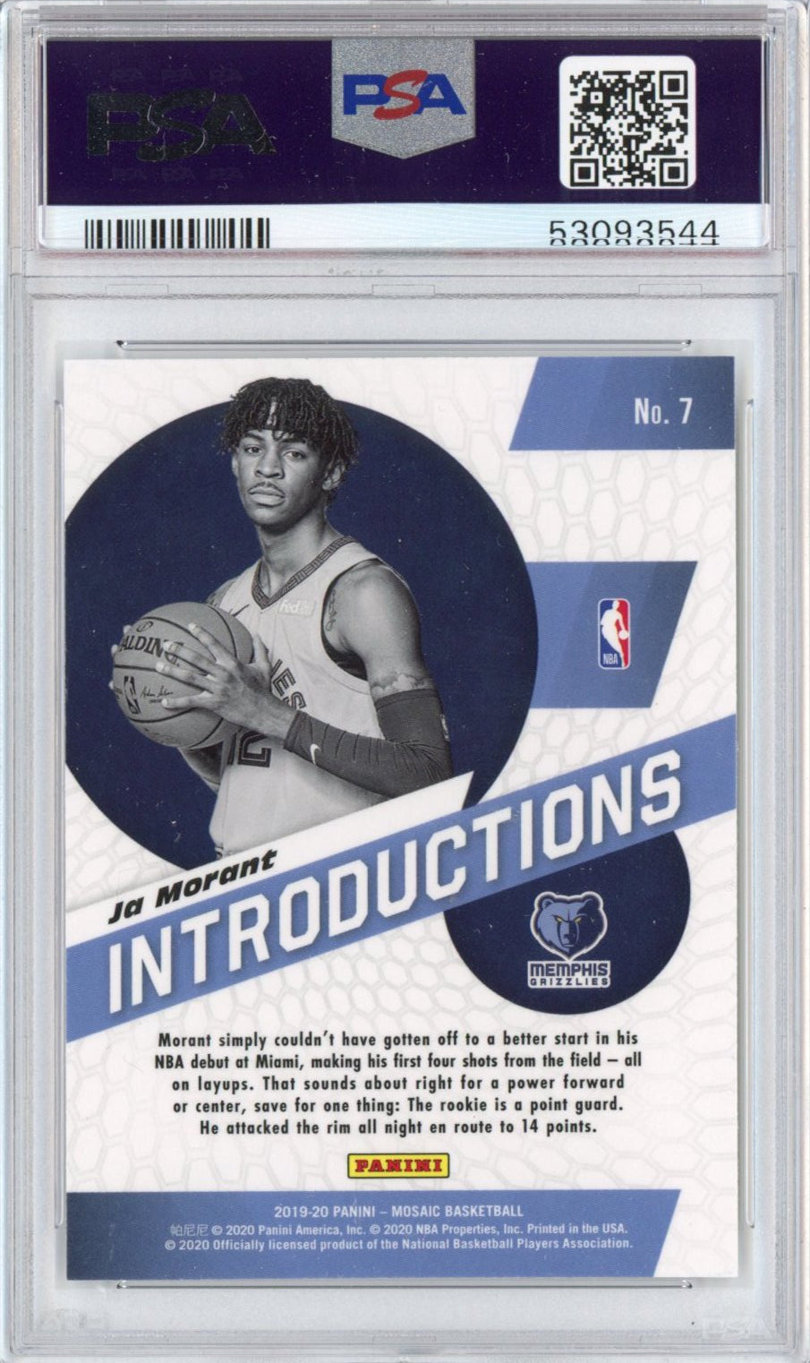 Ja Morant Memphis Grizzlies 2019 Panini Optic #7 SGC Authenticated 10 Rookie Card