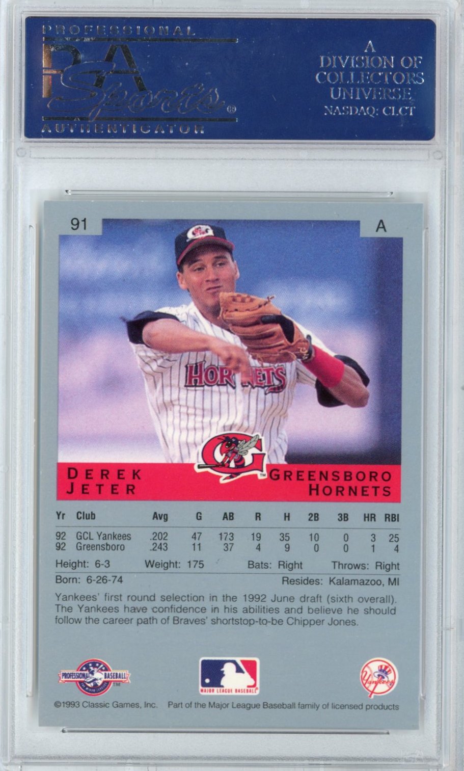 graded derek jeter rookie card Graded 1993 Classic Best Derek Jeter #91 Rookie RC Baseball Card PSA 1