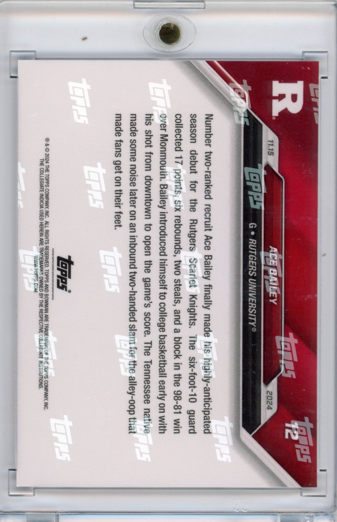 2024 Topps Bowman U Now Ace Bailey #12 Purple #/25 Rutgers Scarlet Knights Rookie RC Basketball Card