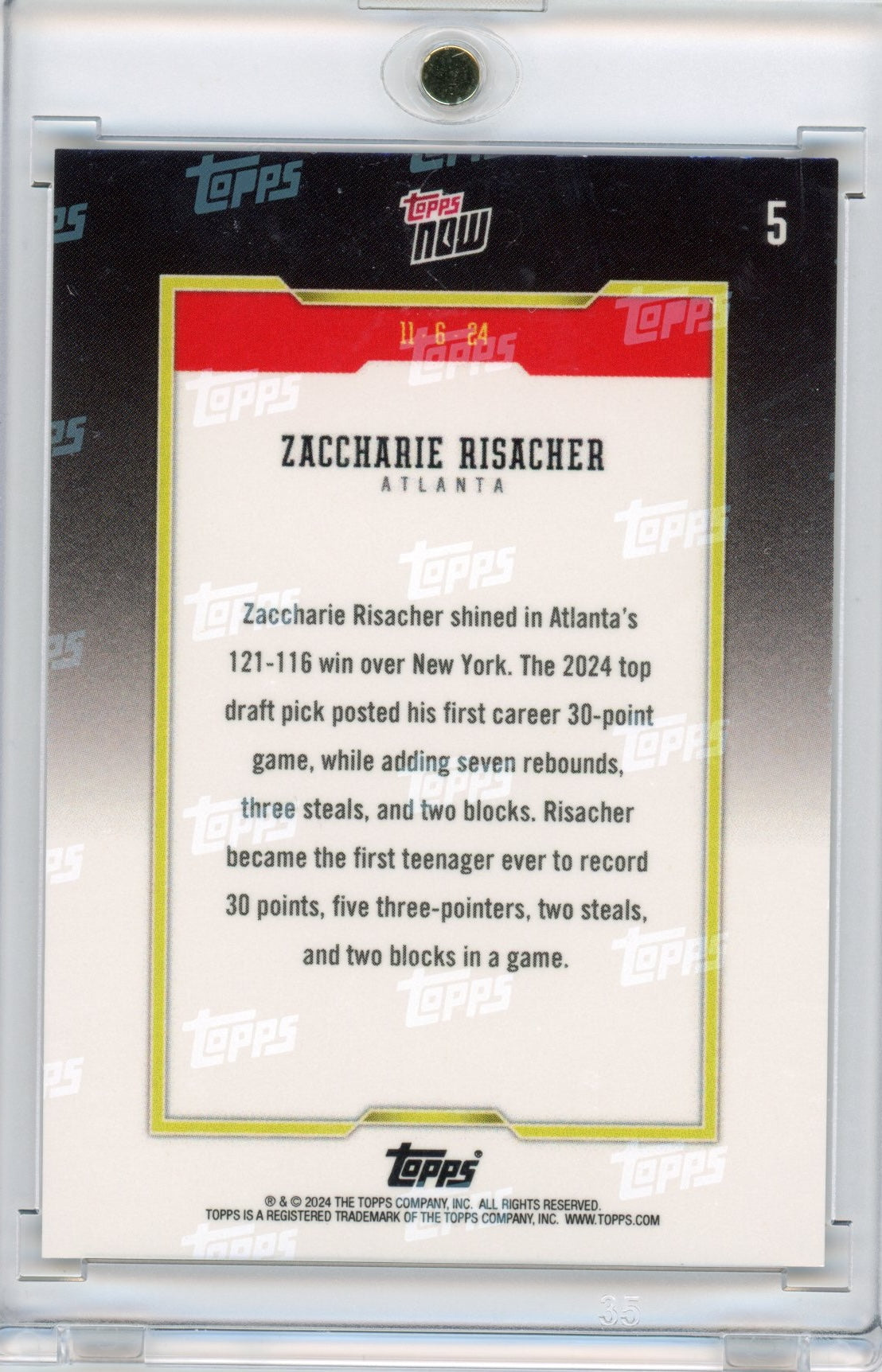 2024 Topps Now Zaccharie Risacher #5 Blue #/75 Rookie RC Basketball Card