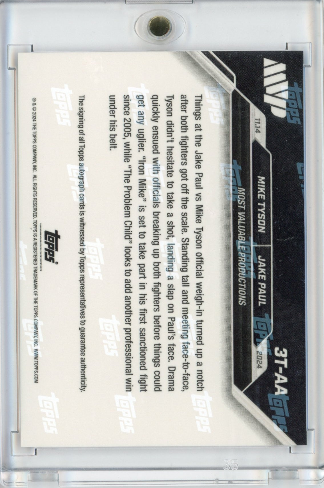 2024 Topps Now Mike Tyson/Jake Paul #3 Auto #/25 Slap At Weigh In Boxing Card