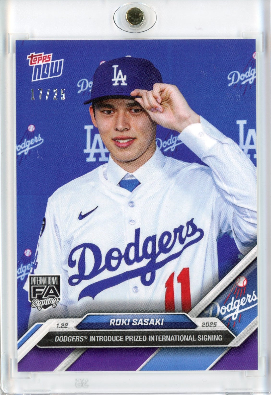 2025 Topps Now Roki Sasaki #OS-16 Offseason Purple #/25 Los Angeles Dodgers Rookie RC Baseball Card