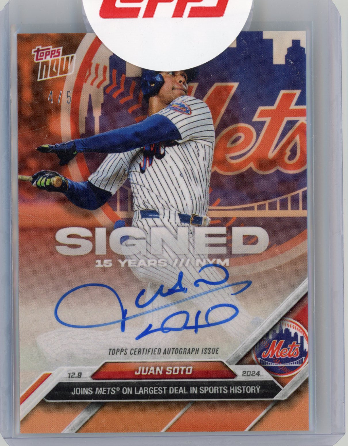 2025 Topps Now Juan Soto #OS8B Orange Auto /5 Signs Record Deal New York Mets Baseball Card