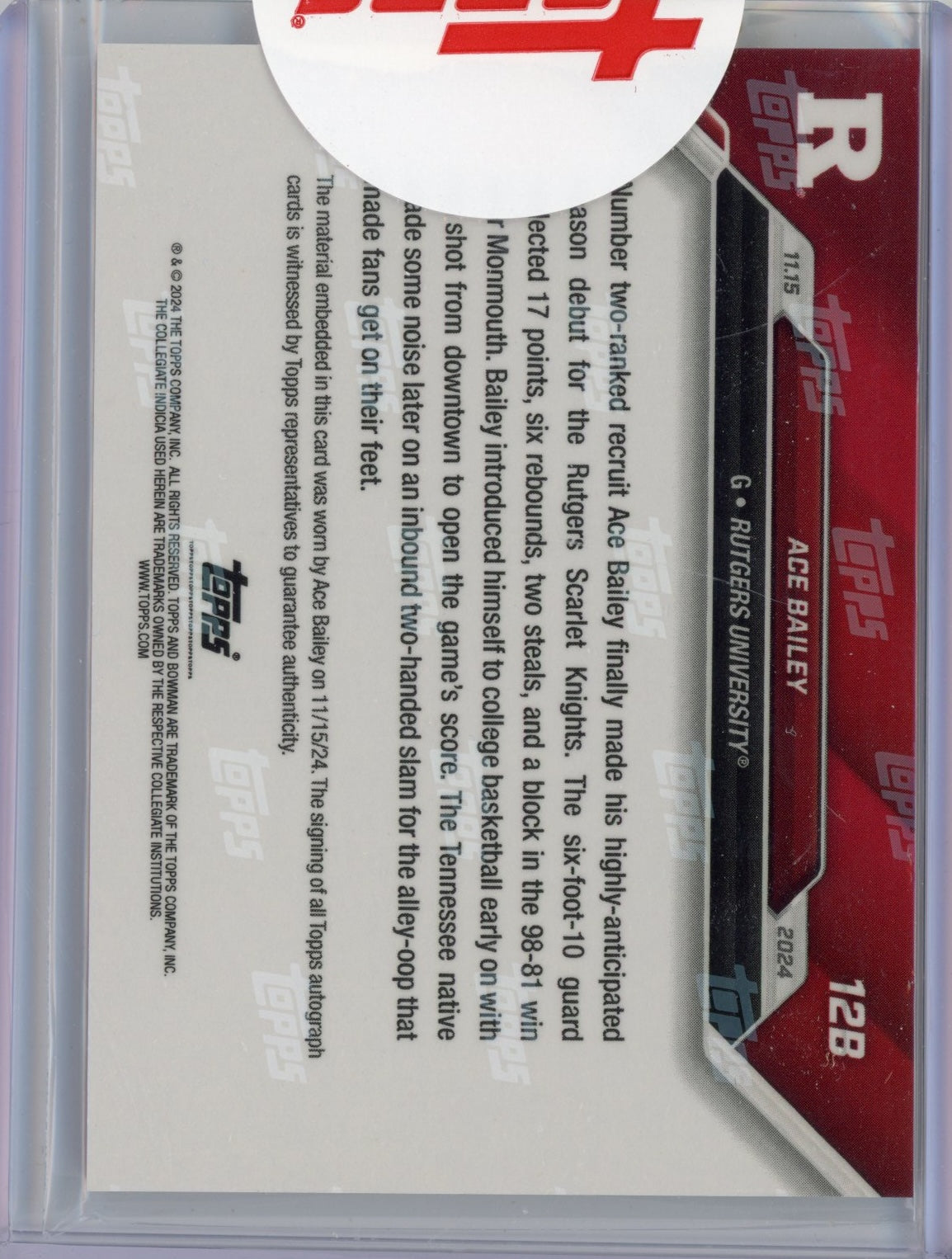2024 Topps Bowman U Now Ace Bailey #12B Game Worn Sneaker Auto Relic Red /10 Rookie RC Basketball Card