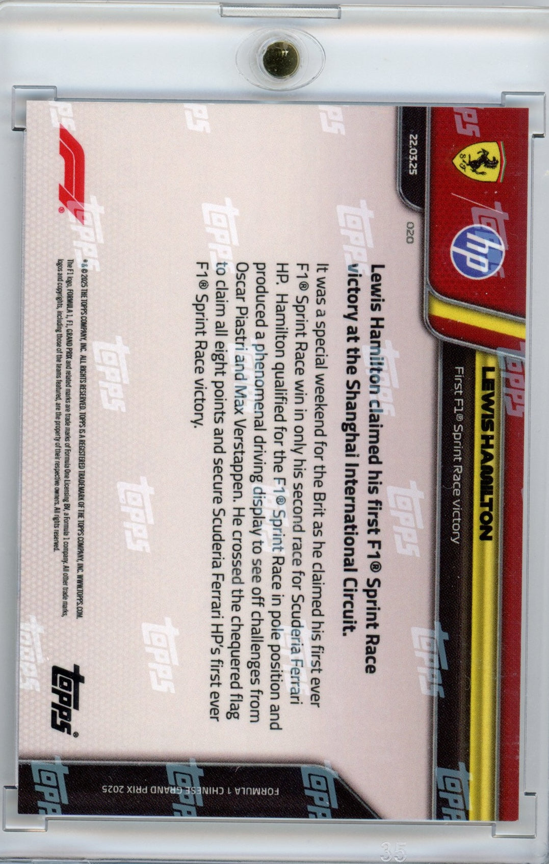 2025 Topps Now F1 Lewis Hamilton #20 First F1 Sprint Race Victory Gold /50 Formula 1 Racing Card