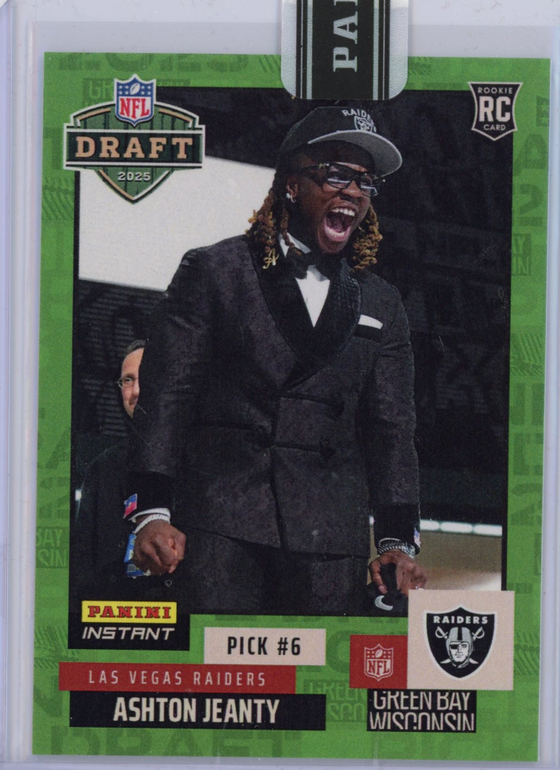 2025 Panini Instant NFL Ashton Jeanty #DN6 Draft Night Green /5 Las Vegas Raiders Rookie RC Football Card